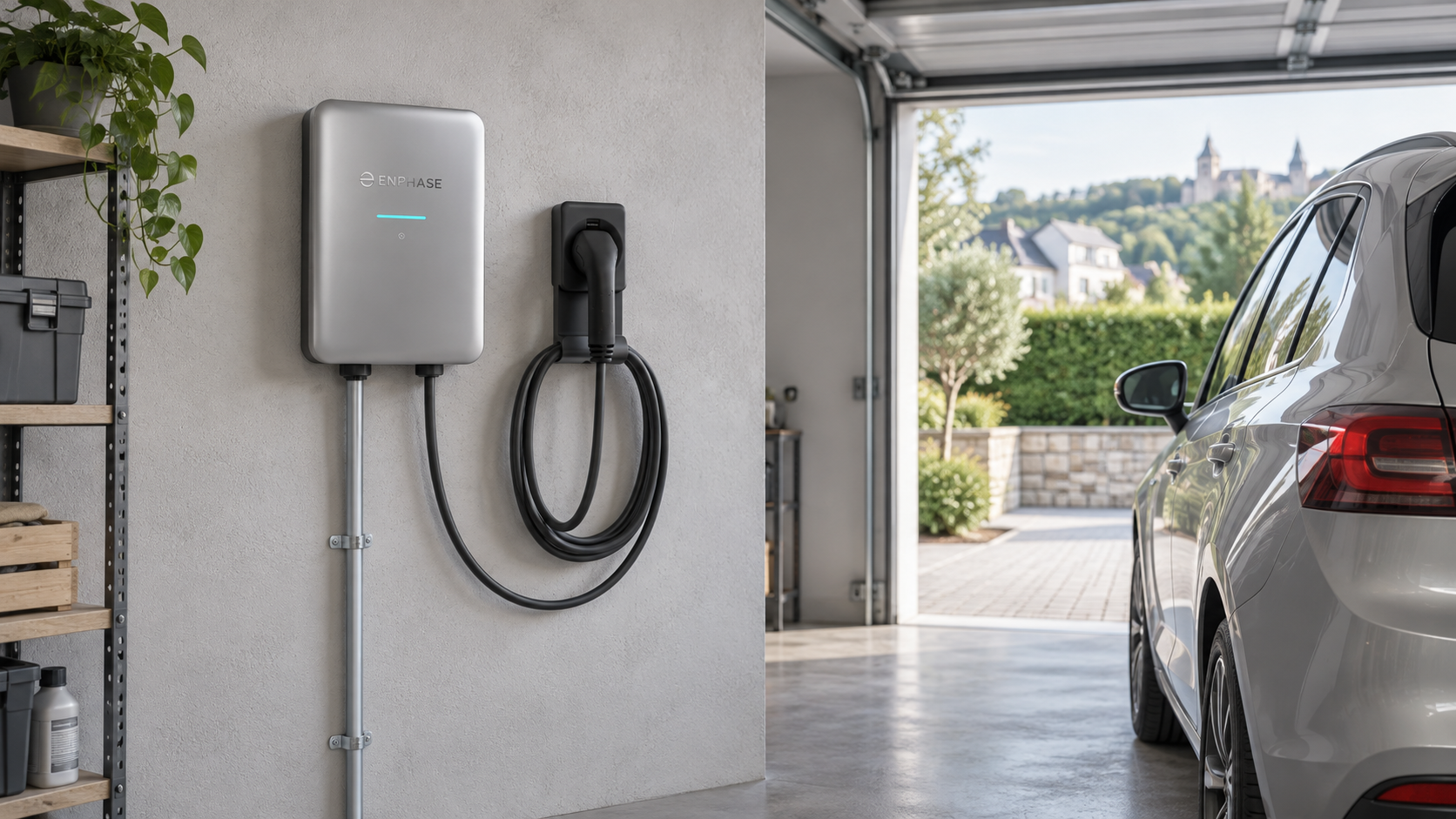 Enphase IQ EV Charger 2 mounted on a garage wall, with its cable on the holder and a car parked beside it.
