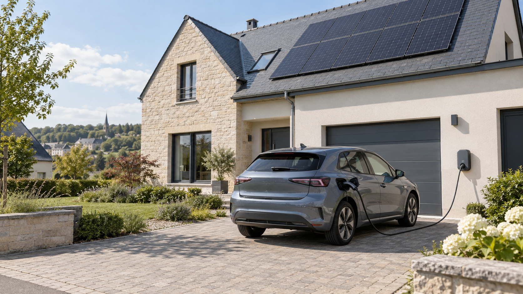 Electric car plugged into a charger outside a house fitted with solar panels.