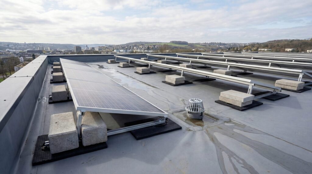 Panneaux solaires sur toit plat au Luxembourg, montage lesté sans perforation avec drainage dégagé et protections de membrane.