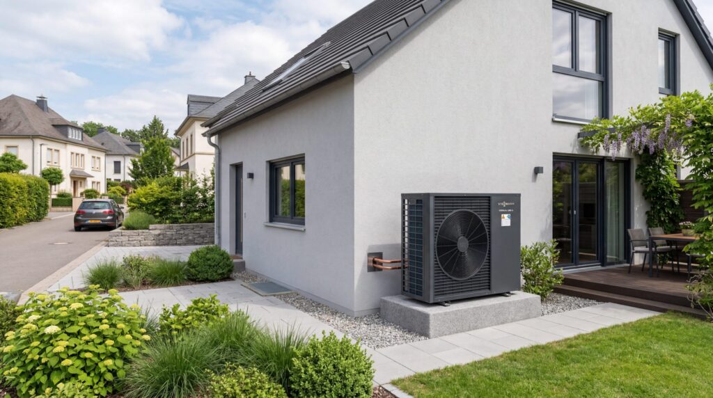 Air to water heat pump installation with noise assessment and proper outdoor unit positioning in Luxembourg.