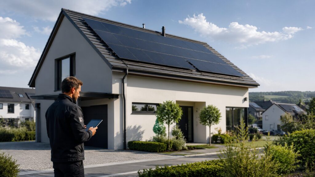 Technicien analysant une installation photovoltaïque sur une maison au Luxembourg