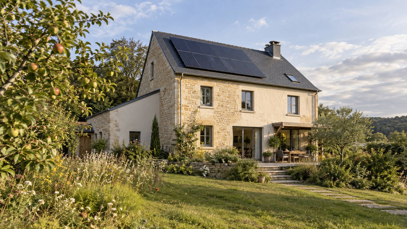 Illustration eines Steinhauses mit Solarmodulen auf dem Dach