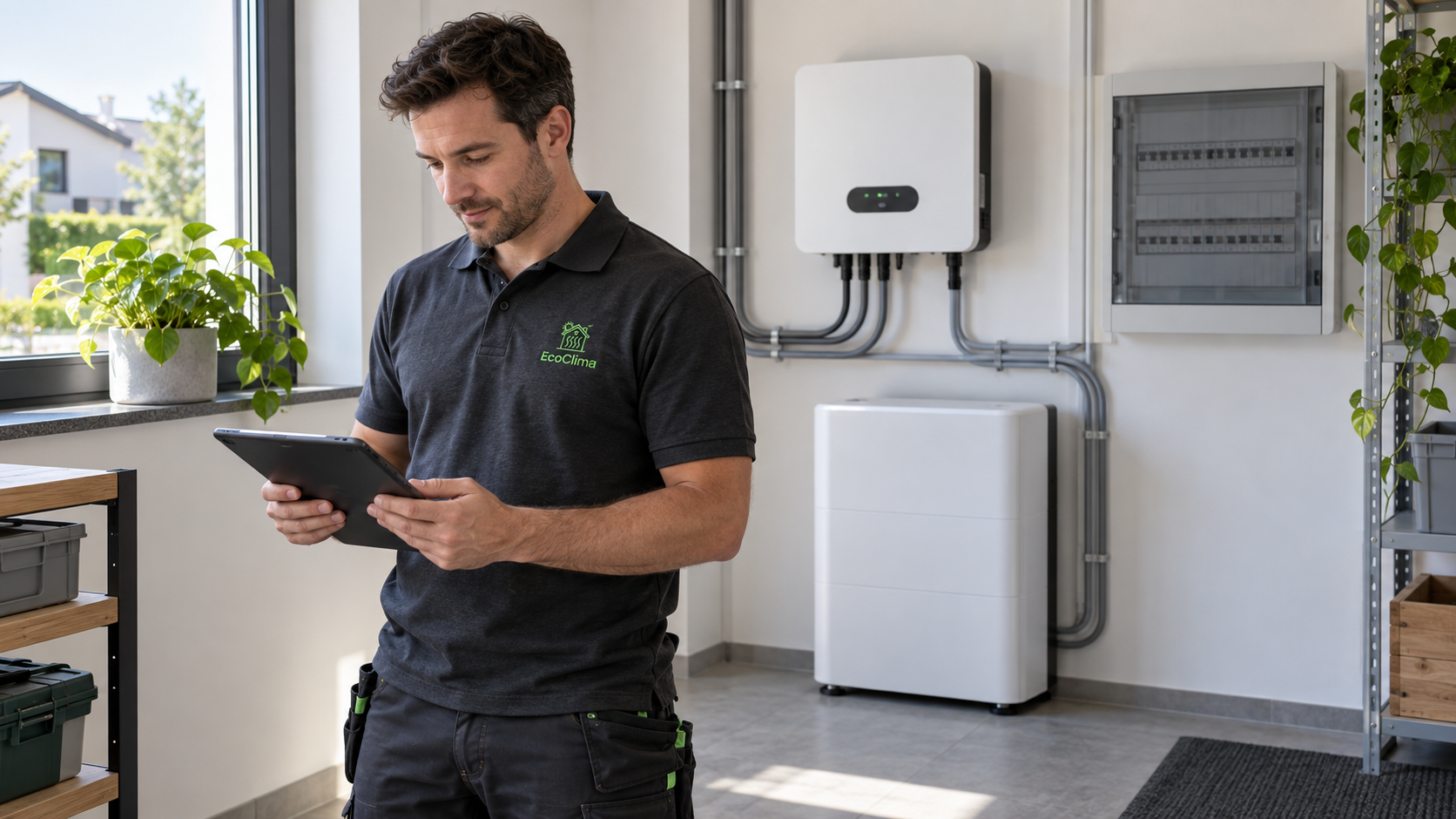Illustration of a technician checking a tablet beside a solar inverter and a domestic battery.
