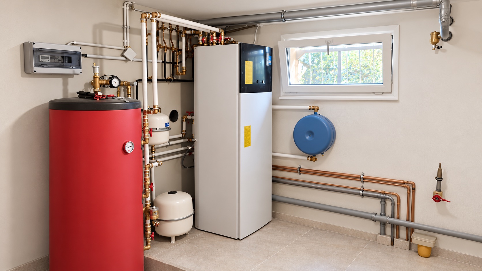 Heat pump indoor unit, cylinder and hydraulic pipework in a plant room.
