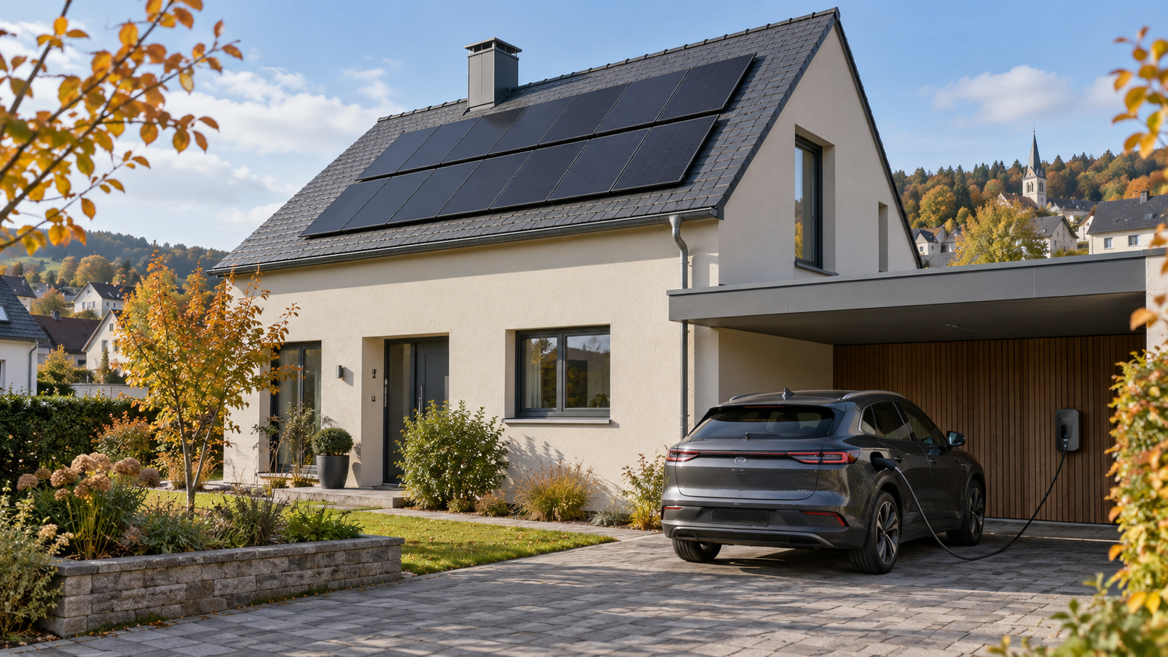 Illustration of a home with solar panels and an EV charging point charging an electric vehicle.