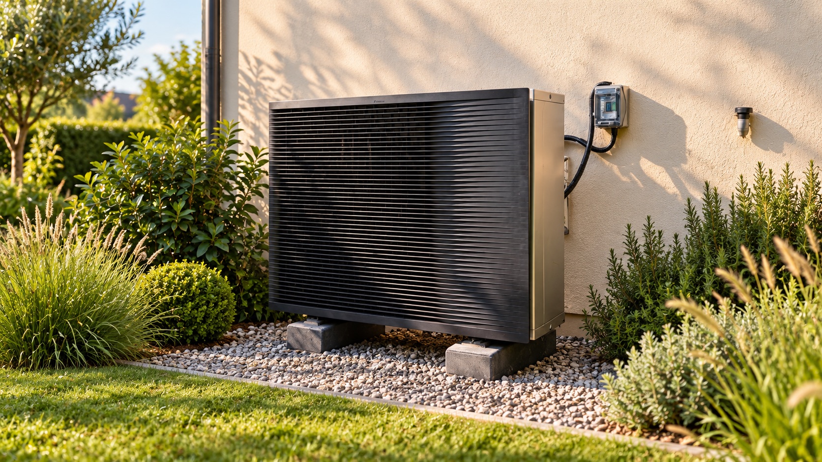 Daikin heat pump with a black grille beside a light-coloured façade and a garden.